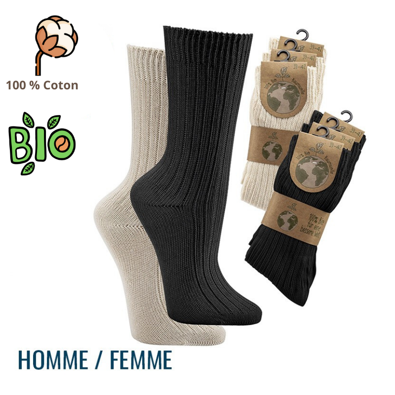 Chaussettes 100% coton biologique pour homme et femme